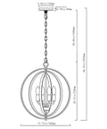 Diagram of Dope Modern 4 Light Globe Chandelier In Brushed Nickel, Adjustable Height with chain, 17.72in diameter, 20.47in height