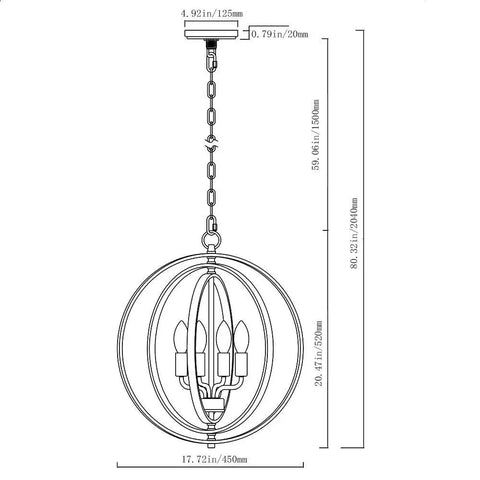 Diagram of Dope Modern 4 Light Globe Chandelier In Brushed Nickel, Adjustable Height with chain, 17.72in diameter, 20.47in height