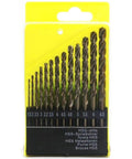 Front view of 13-piece metric cobalt drill bit set, 1.5–6.5 mm, M35 HSS, in a yellow plastic case