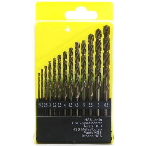 Front view of 13-piece metric cobalt drill bit set, 1.5–6.5 mm, M35 HSS, in a yellow plastic case