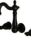 Heritage Matte Black Wall Mount Bathroom Faucet With Drip Free Ceramic Disc, 8 Inch Center, 3 Hole Install, Solid Brass Construction