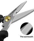 Heavy Duty Multi Purpose Shears With Tough As Nails Serrated Stainless Steel Blades and No Slip Comfort Grip close-up of serrated blade detail.
