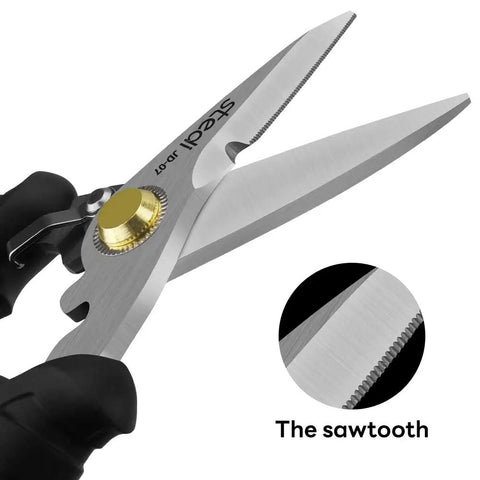 Heavy Duty Multi Purpose Shears With Tough As Nails Serrated Stainless Steel Blades and No Slip Comfort Grip close-up of serrated blade detail.