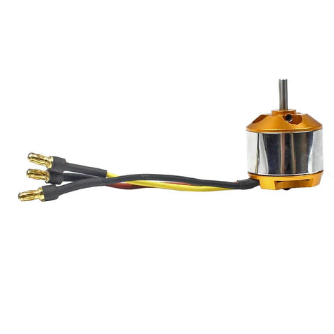 Side view of 2208 Brushless Outrunner Motor 1800KV for 2 to 3S RC drones with welded banana plugs, 3.17mm shaft.