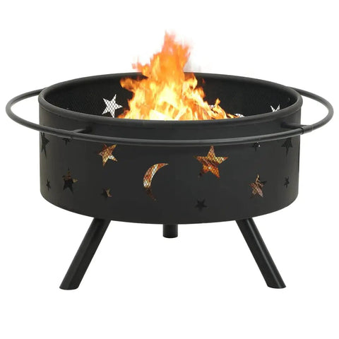 Outdoor Wood Burning Fire Pit For Patio And Garden, Portable Bonfire Pit with Tripod Stand, star pattern, flame visible