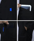 Close-up of black Unisex Lab Coat For Work, Long Sleeve Medical Coat With Five Pockets And Pen Slot, Durable Poly Cotton Doctor Uniform, Sharp Hospital And Clinic Look, 38 Inch Black XL, showing pocket details with tablet.