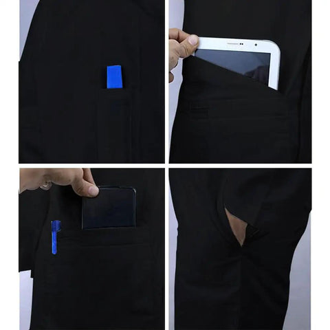Close-up of black Unisex Lab Coat For Work, Long Sleeve Medical Coat With Five Pockets And Pen Slot, Durable Poly Cotton Doctor Uniform, Sharp Hospital And Clinic Look, 38 Inch Black XL, showing pocket details with tablet.