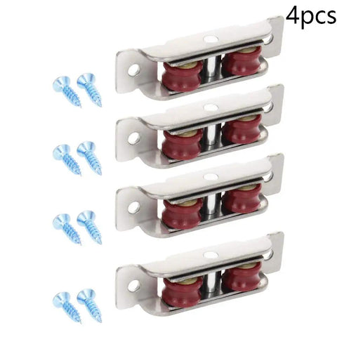 Badass U Groove Double Wheel Pulleys Featuring Slick Nylon Rollers For No Sweat Sliding Doors Windows And Cabinet Hardware In Tough Silver Finish Pack Of Four Pieces shown with screws.