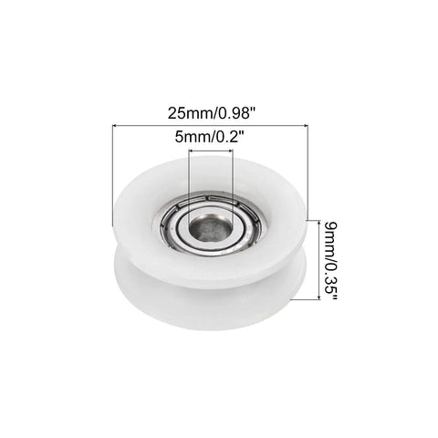 U Groove Nylon Pulley Wheel 5x25x9mm Set of 4 for Sliding Doors Windows Drawers and Conveyor Tracks White Heavy Duty Bearing Guide Rollers for Smooth Sliding and Durable Hardware, white nylon wheel with size markings