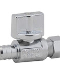 Close-up of a chrome-plated valve from Twenty Pack 1/4 Turn Straight Shut Off Valve 3/8 Inch Compression X 1/2 Inch PEX