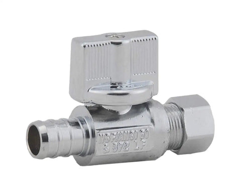Close-up of a chrome-plated valve from Twenty Pack 1/4 Turn Straight Shut Off Valve 3/8 Inch Compression X 1/2 Inch PEX