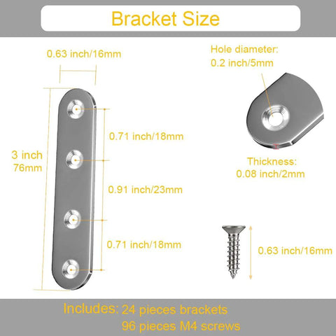 Diagram showing dimensions of 24 Pack Straight Brace Brackets 3 Inch Stainless Steel Flat Mending Plates For Wood Furniture With Screws.