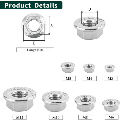 Pro Grade M5 0.8 Serrated Flange Hex Nuts Forged From Pure 304 Stainless Steel shown in various sizes with precise threading.