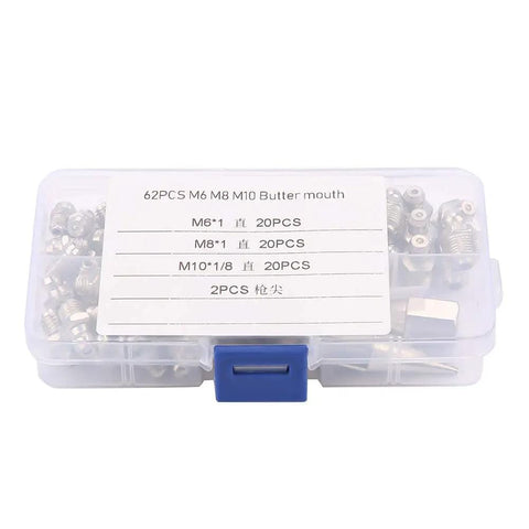 Grease Fittings Kit With 60 Metal Zerks For Spokes And Spoke Nipples, visible in plastic storage case with assorted angles