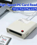 Rugged USB 2.0 PCMCIA Card Reader for 68-Pin PC Cards and ATA shown connected to a laptop, hot-swap ready, industrial-grade design