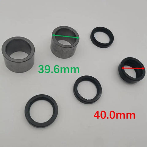 Replacement Washer Bearing and Seal Kit for Maytag Whirlpool Kenmore Dryer shows metal bearings and rubber seals, sizes 39.6mm and 40.0mm.