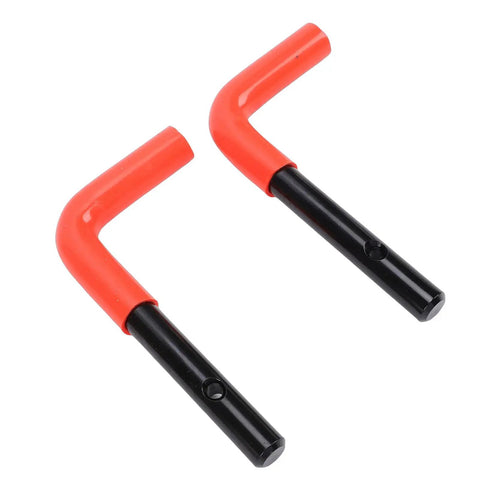 Heavy Duty Snow Plow Stand Lock Pin Kit For Western HTS Midweight Pro, Ultra Mount Pins With Hairpin Cotters And Spring Pins, 2 Piece Set, Direct Replacement Lock Pin Assembly For Quick Mount And Easy Service. Two red and black steel lock pins