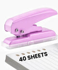 Purple single hole puncher with lock and metal construction for 40 sheets, showing hole size and durability for crafts and scrapbooks.