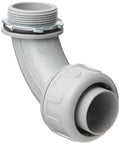 Pro Grade 1 1 4 Inch Nylon Liquid Tight Conduit 50 Pack 90 Degree Elbow Connectors With Steel Locknut And O Ring, gray nylon elbow connector, side view.