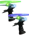 Light Up Flying Helicopters Set Of 2 With LED Lights And Handheld Launcher, featuring green and purple rotor blades.