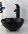 Black Ceramic Vessel Sink With Faucet And Drain Set For Above Counter Use, Round Bowl, Waterfall Spout, Mixer Tap, Easy Clean