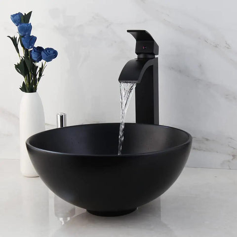 Black Ceramic Vessel Sink With Faucet And Drain Set For Above Counter Use, Round Bowl, Waterfall Spout, Mixer Tap, Easy Clean