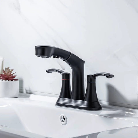 Pull-Down Lavatory Faucet For 3-Hole Vanity 4-Inch Centerset Matte Black Dual-Handle Design Easy Install Three Modes Stream Spray Pause With Splash-Reducing Bubble Or Powerful Rainfall Modern Dope Bath Upgrade