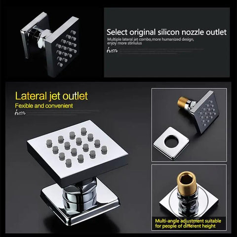 Lateral jet outlet shower nozzle, chrome finish, adjustable angle, designed for versatile shower experiences, 4x4in.