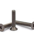 Top Shelf Tough As Nails Titanium Grade Gr2 Hex Socket Countersunk Flat Head Screws UNC Threads, three screws displayed