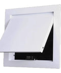 Slick Drywall Access Panel With Magnetic Lock, White Aluminum Frame For Wall And Ceiling, Open view showing utility access.