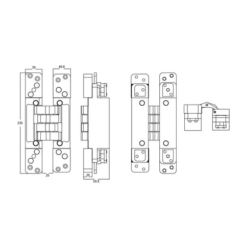 Technical diagram of Aluminum Profile Concealed Door Hinge For Rebated Doors, showing dimensions and ultra low profile design.