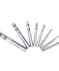 End mill set of 8 HSS 4-flute straight cutters, mixed diameters (1/16–1/2 in), silver, front view