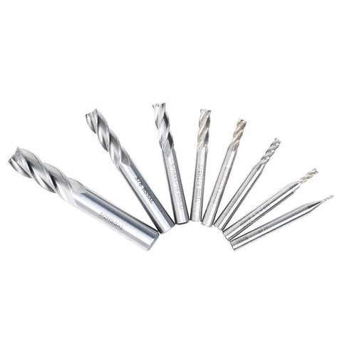 End mill set of 8 HSS 4-flute straight cutters, mixed diameters (1/16–1/2 in), silver, front view