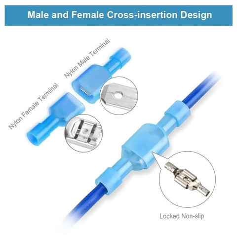 Premium Nylon Insulated Spade Connector Kit With 100 Pcs Quick Disconnect Terminals showing blue male and female terminals