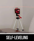 65 Ft Red Self Leveling Cross Line Laser Level with horizontal and vertical lines on tripod in a room