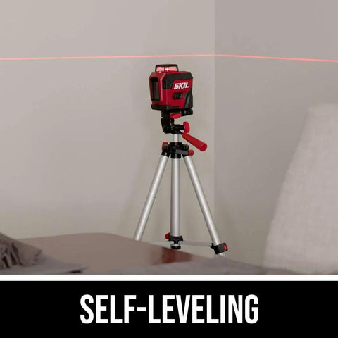65 Ft Red Self Leveling Cross Line Laser Level with horizontal and vertical lines on tripod in a room