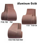 Pro Grade Aluminum Oxide Sanding Belts 4 X 36 Five Pack Heavy Duty Abrasive Strips in various grits laid out for display.