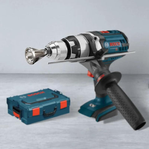 Blue cordless drill with deburring chamfer tool attached in the chuck; blue case on the floor.