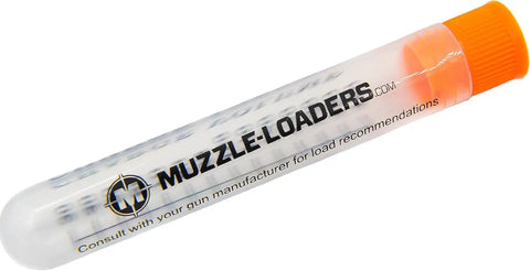 Magnum Charge Tubes For BH209 Muzzleloaders 150 Grain Powder Capacity with orange cap and clear tube showing measurements.