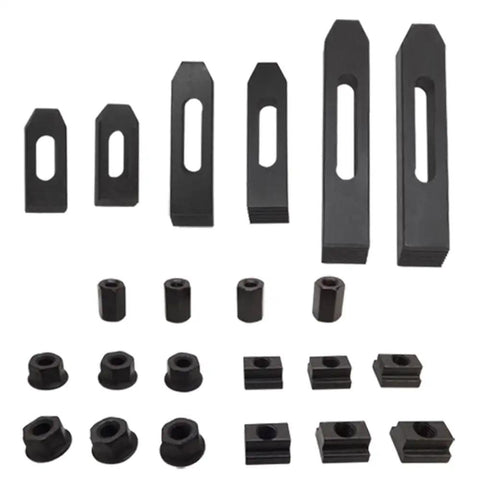 52 Piece T Slot Clamping Kit Seven Sixteenth Inch Set with end clamps, flange nuts, coupling nuts, and step blocks on display.