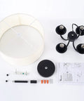 Dope Semi Flush Mount Ceiling Light Fixture With Off White Fabric Drum Shade components laid out under matte black canopy
