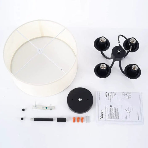 Dope Semi Flush Mount Ceiling Light Fixture With Off White Fabric Drum Shade components laid out under matte black canopy