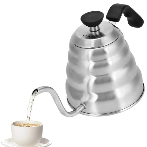 Gooseneck Coffee Kettle 304 Stainless Steel, 1200ml Capacity, pouring water into a cup, Pro-Grade Pour Spout for precise use.