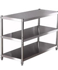 Heavy Duty Stainless Steel Three Tier Shelving Unit Rust Resistant Floor Saver Storage Rack with three spacious shelves.