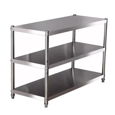 Heavy Duty Stainless Steel Three Tier Shelving Unit Rust Resistant Floor Saver Storage Rack with three spacious shelves.