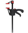 Dead Serious Six Inch Woodworking Bar Clamp With Long Rod Frame for tight corners features a black and red design for easy one-handed operation.