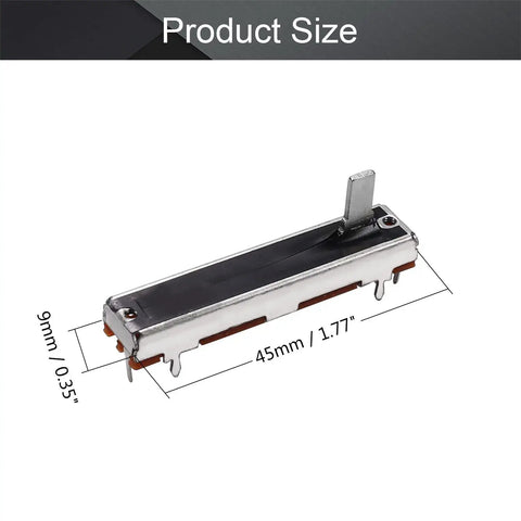 10K Linear Slide Potentiometer Carbon Film Fader, 3-Pin Variable Resistors, size 45x9mm, shown with dimensions in product image.
