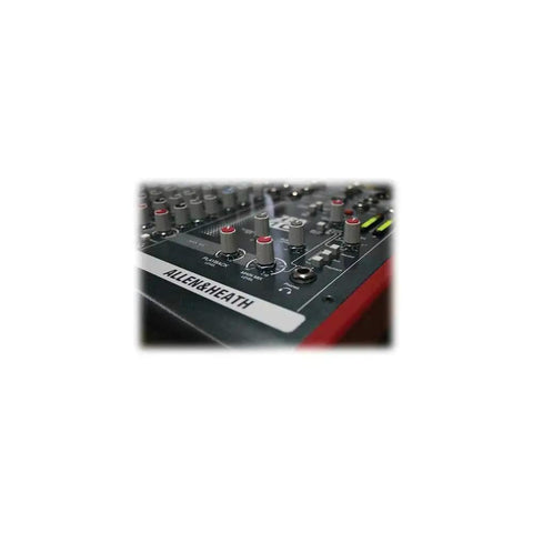 Close-up of ZED-10 Compact Touring Quality USB Audio Mixer With Two Mic Line Preamps, showing controls and Allen & Heath label.