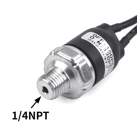 Close-up of High Flow 120 To 150 PSI Air Pressure Switch for 12V and 24V Compressors with 1/4 inch NPT fitting.