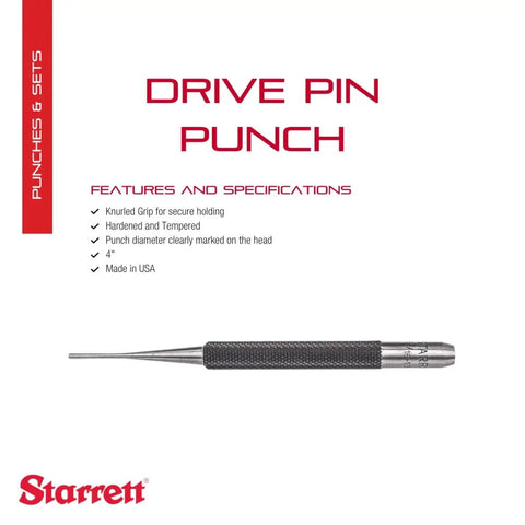 Drive Pin Punch With Knurled Grip, 4 Inch Length, 1 Sixteenth Inch Diameter, Hardened And Tempered Steel, Built Tough And Heavy Duty For Driving Pins In Or Out Of Workpieces, Ideal For Construction And DIY Projects